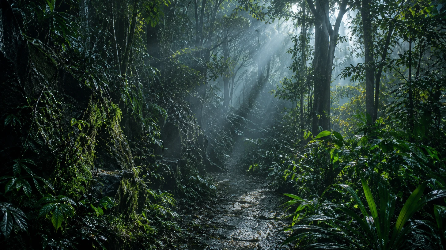 Misty Malaysian rainforest trail with silver sunbeams after rain