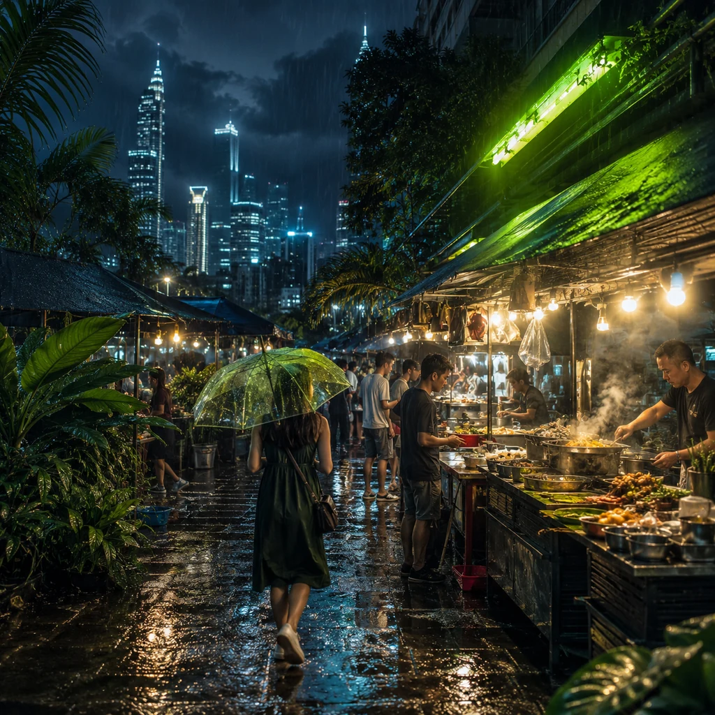 Wet night market in Malaysia with food stalls and lime neon