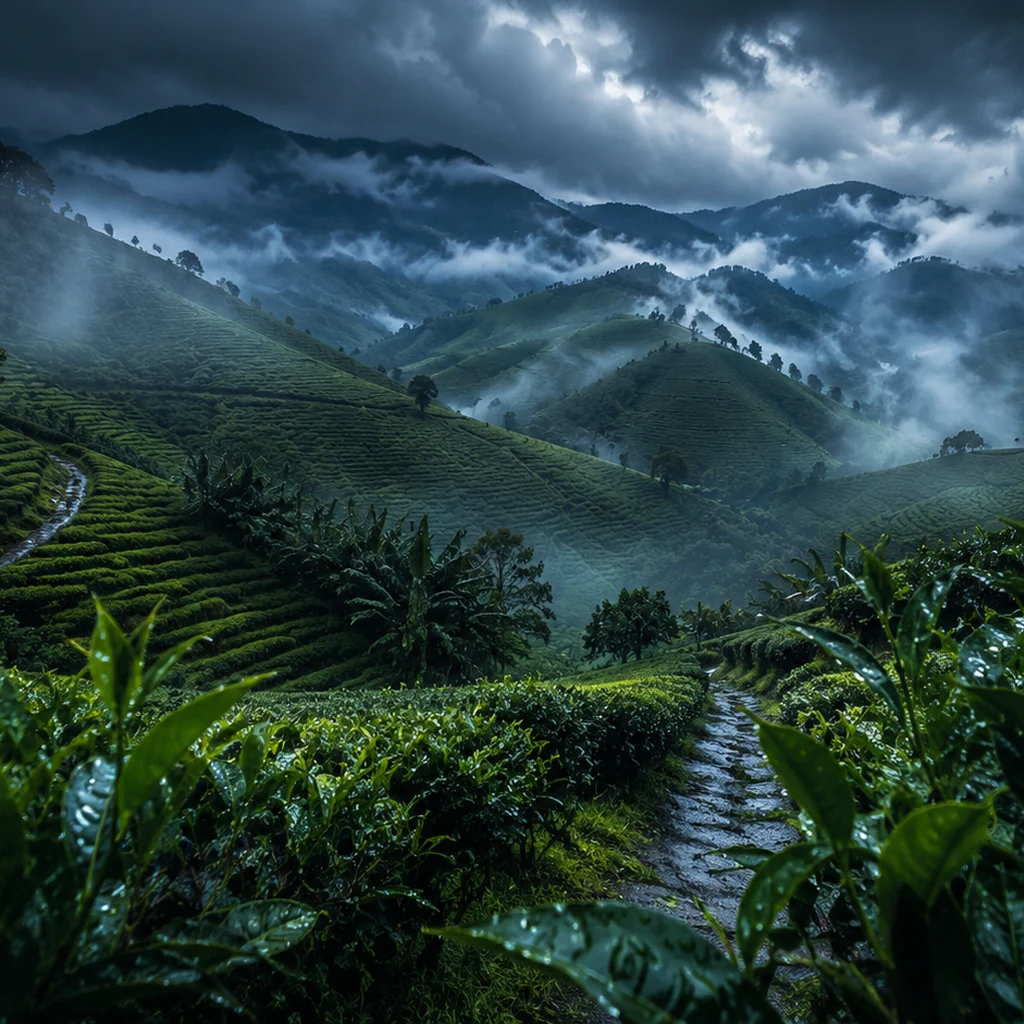 Tea fields in Malaysia under storm clouds and silver fog